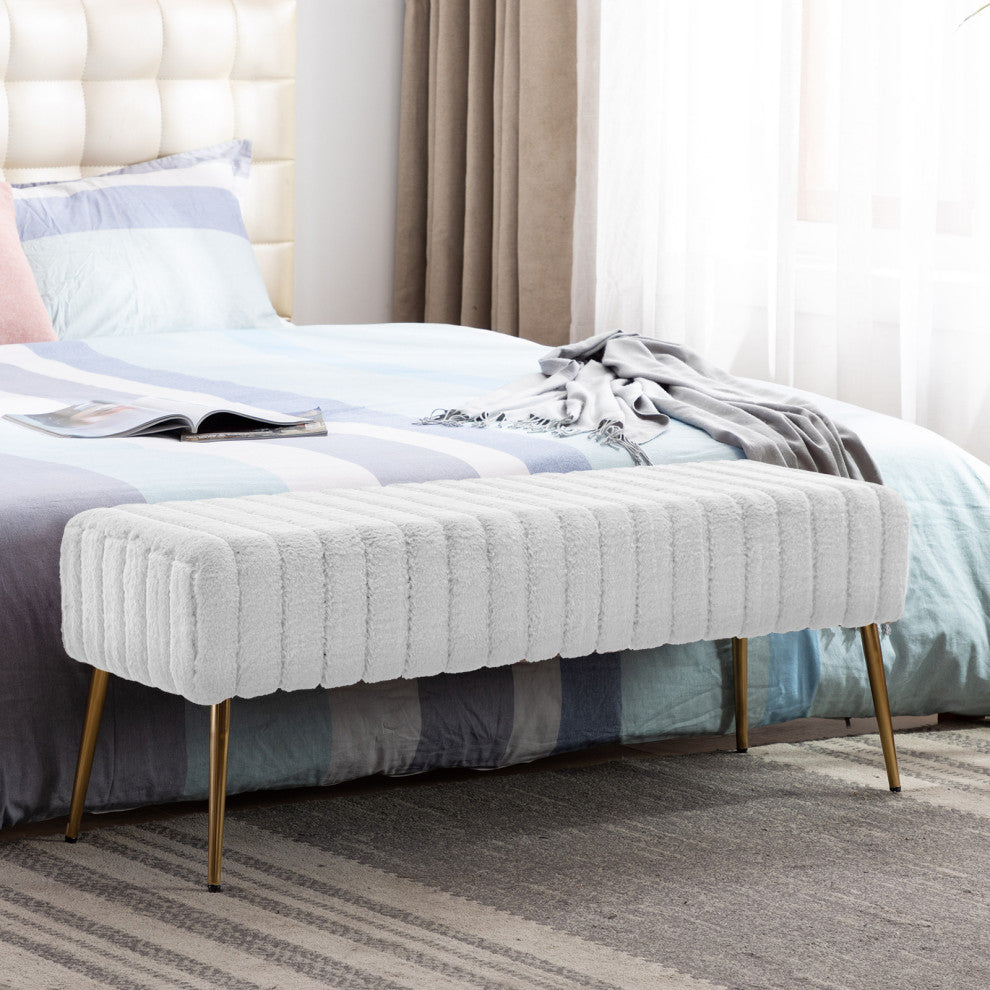Channel Quilted Faux Fur Bedroom Bench, White