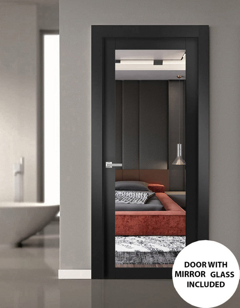 Slab Barn Door 32 x 96, Lucia 1299 Matte Black & Mirror, Sliding