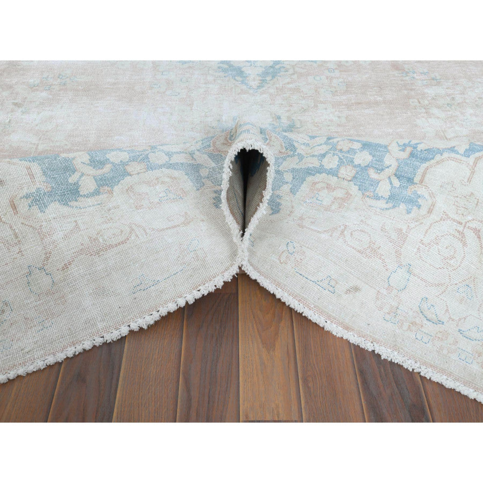 Worn Wool, Hand Knotted, Pink, Vintage Persian Kerman Rug, 9'9" x 13'3"