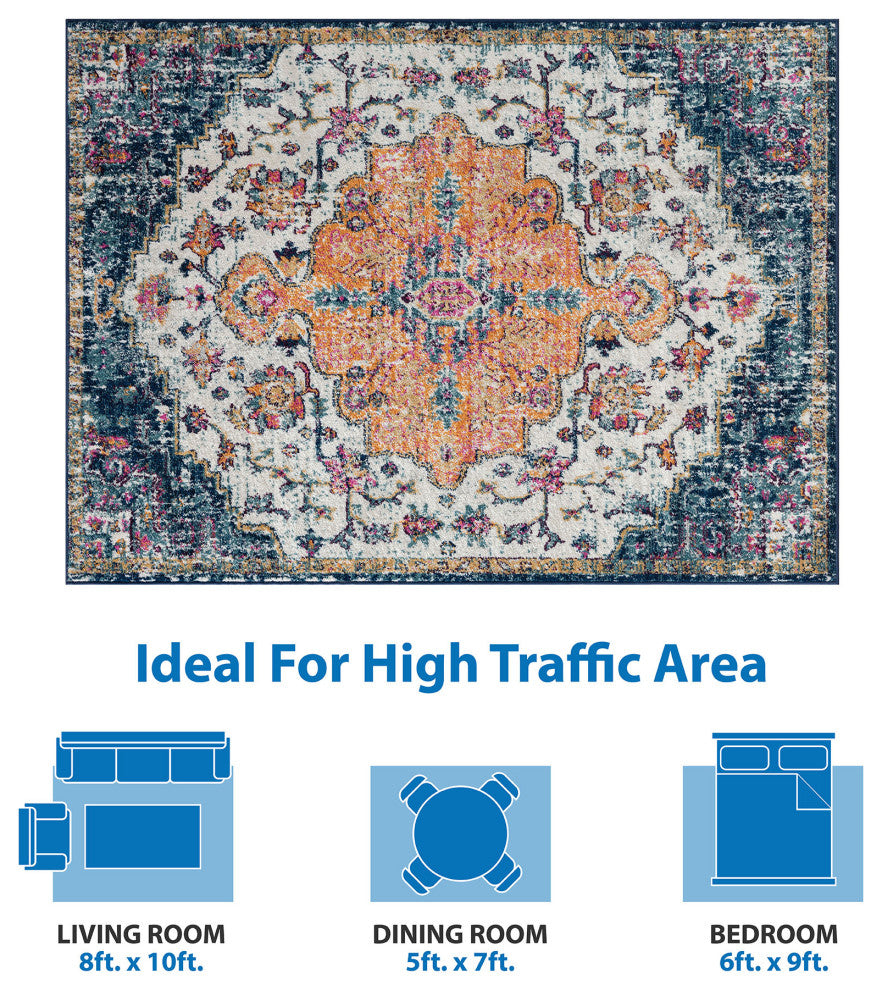 Mateo Blue Orange Boho Medallion Area Rug/Runner, 3' x 8' Runner