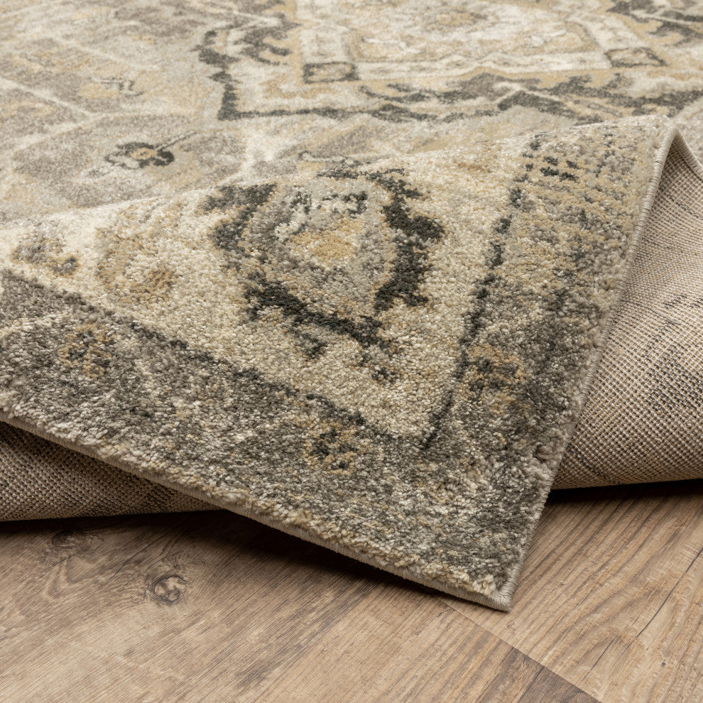 Fleming Vintage Medallion Beige and  Grey Area Rug, 7'10"x10'10"