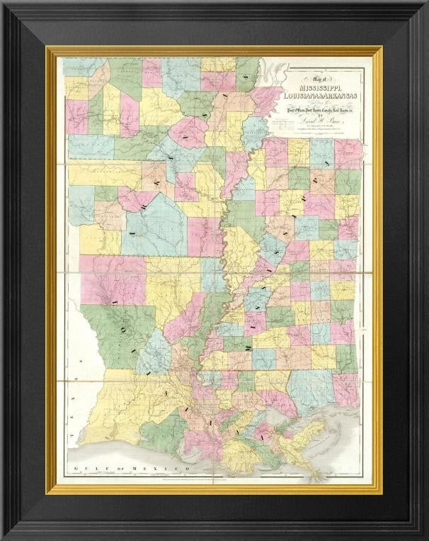 "Map of Mississippi, Louisiana and Arkansas, 1839"  by David H. Burr, 16x20"