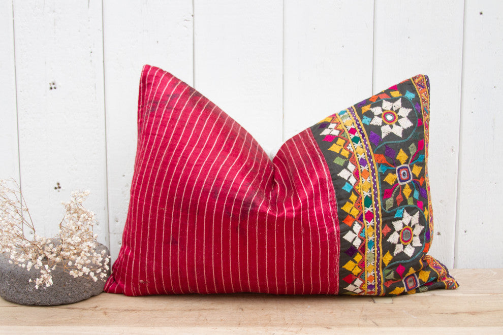 Set of Two Antique Mashru Tribal Lumbar Pillows