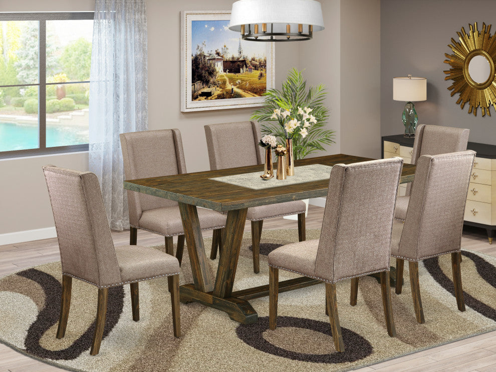 7-Piece Set, 6 Person Chairs and Small Table Wood, High Back Button