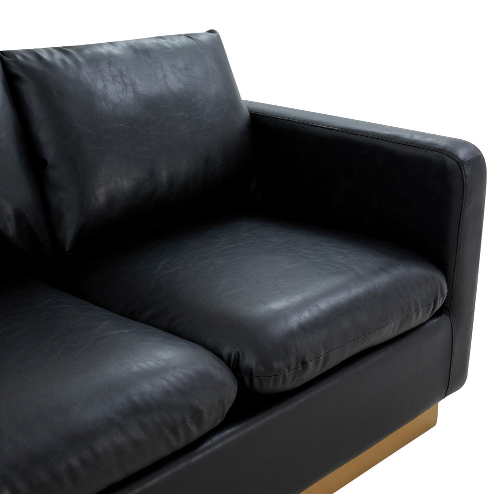 LeisureMod Nervo Modern Leather Sofa With Gold Base, Black
