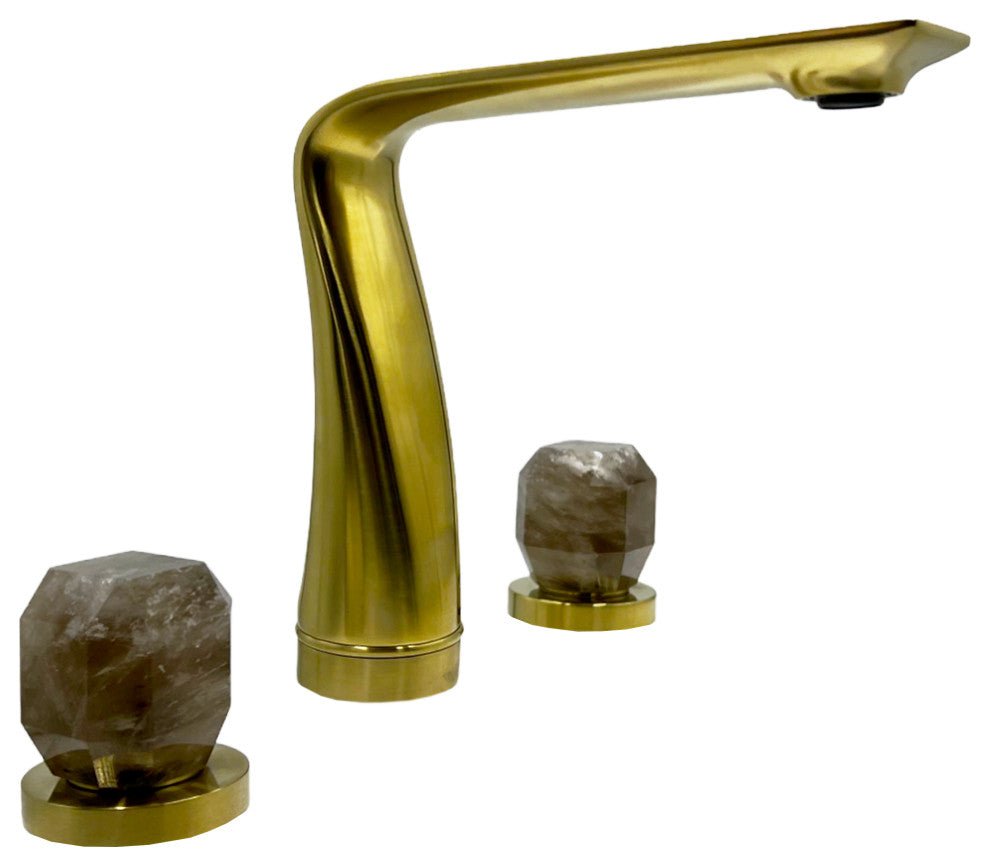 CastelloUSA Widespread, Bath Faucet, 2-Dark Rock Crystal Handles, Brushed Gold