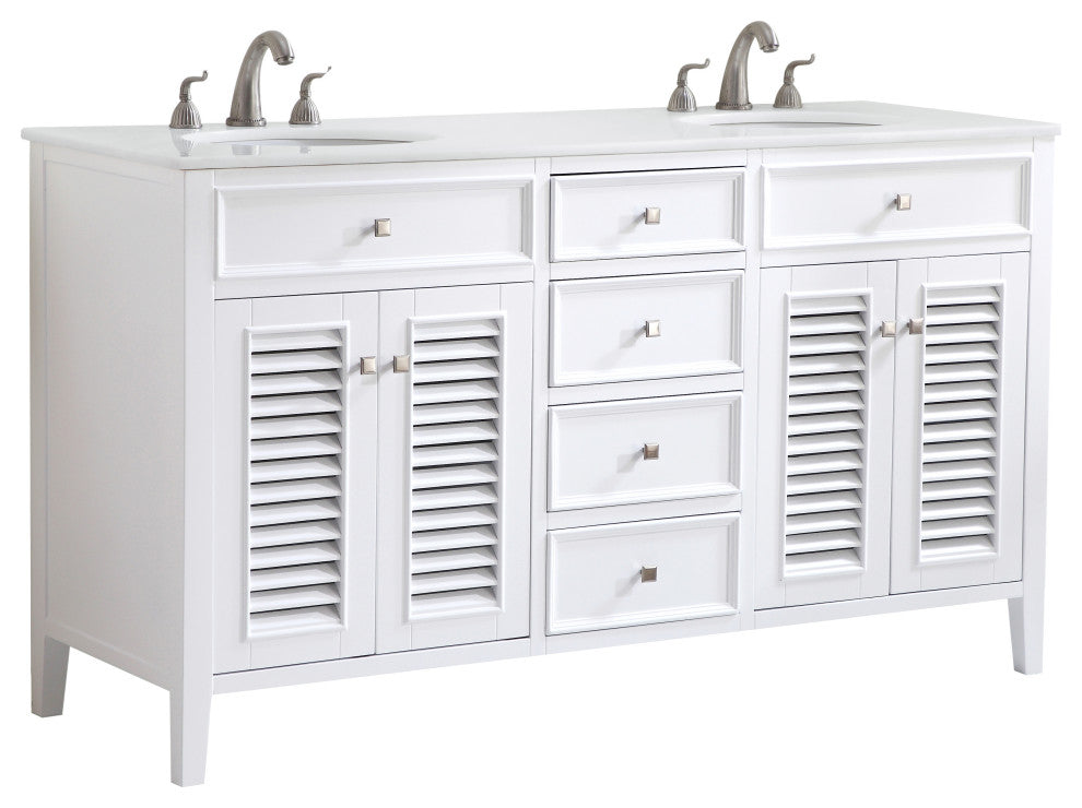 60" Double Bathroom Vanity, White With Ivory White Engineered Marble