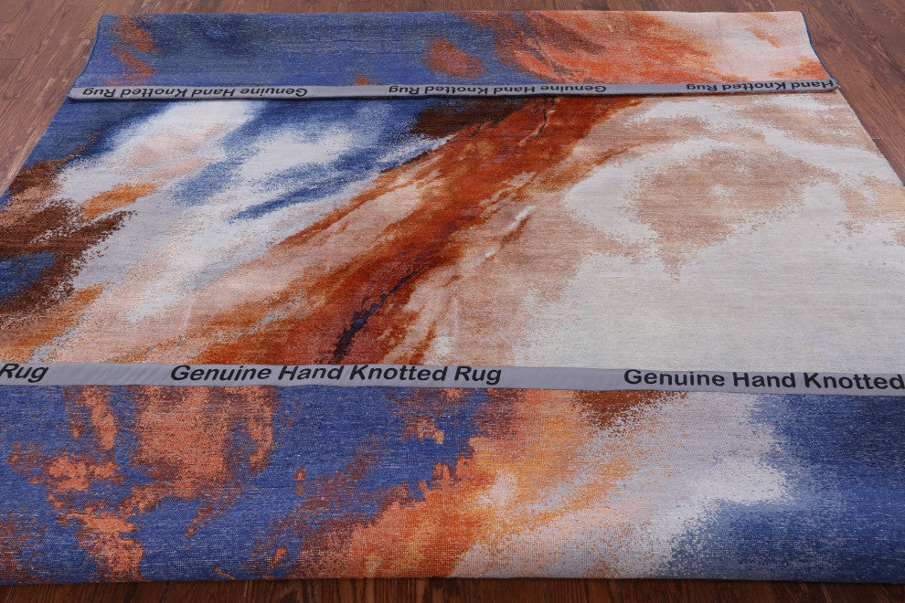 7' 11" X 9' 11" Abstract Hand Knotted Wool and Silk Rug Q9050