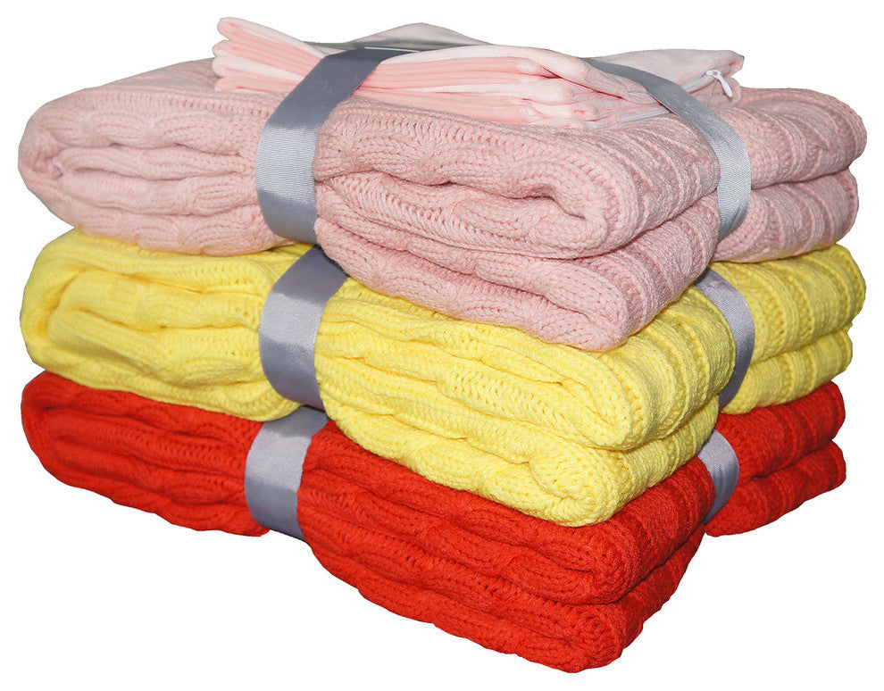 Super 18 Cable Throw and Pillow Shell 3-Piece Combo Set, Butter Cup