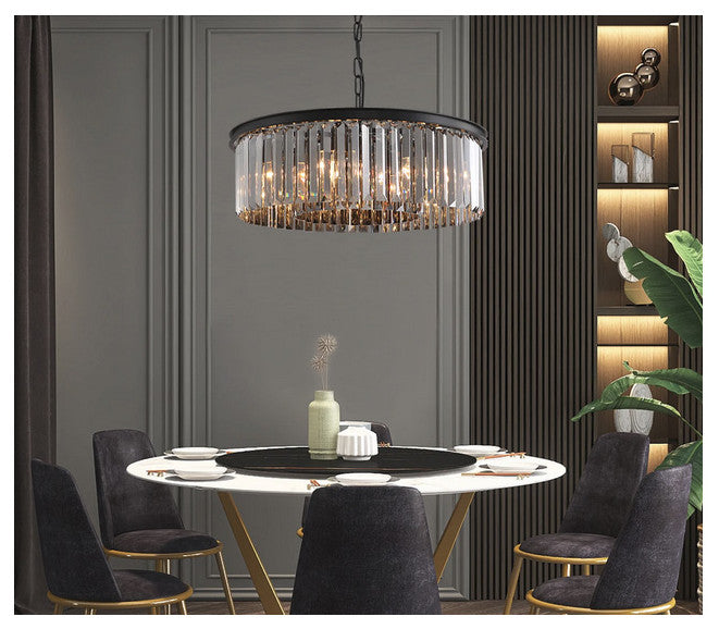 12 Light Round Clear Glass Fringe Crystal Prism Chandelier, Smoke Glass