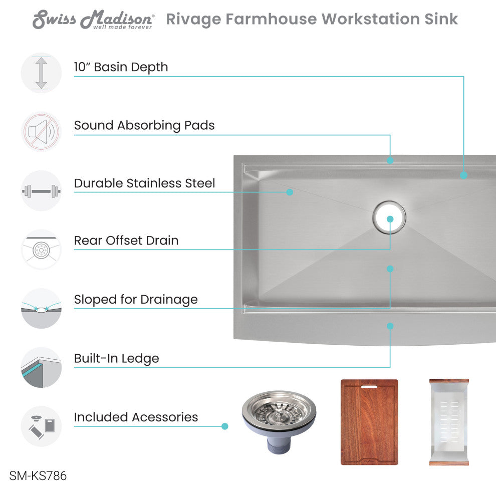 Rivage 36 x 22 Single Basin Apron Kitchen Workstation Sink
