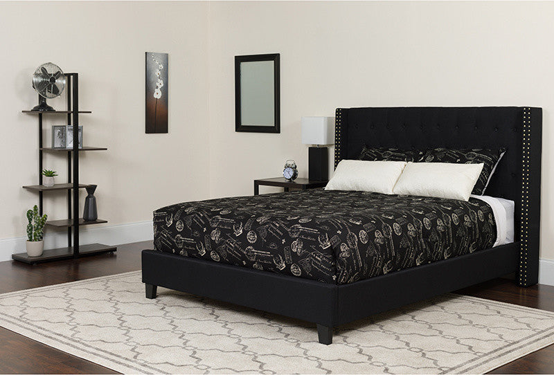 King Size Tufted Platform Bed in Black Fabric with Memory Foam Mattress