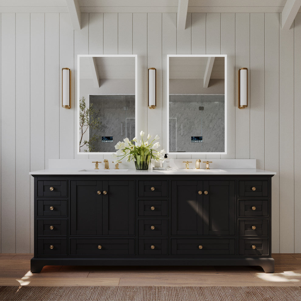 Audrey Vanity Set, Black Onyx, 84", Gold Hardware, White Quartz Top