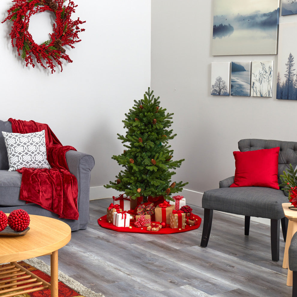 4' Yukon Mountain Fir Faux Xmas Tree W/Lights, Pinecones & 386 Bendable Branches
