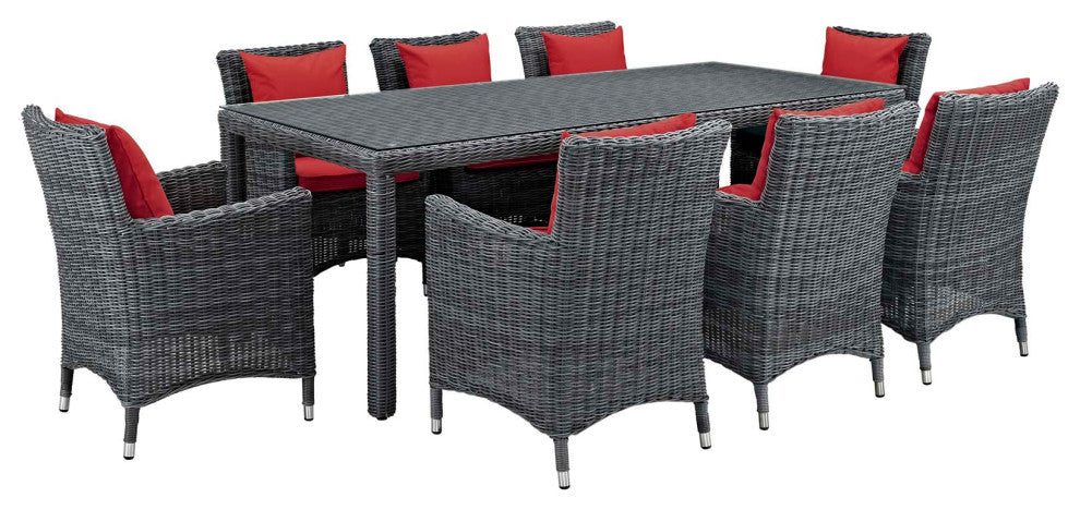 Summon 9 Piece Outdoor Patio Sunbrella Dining Set, Canvas Red