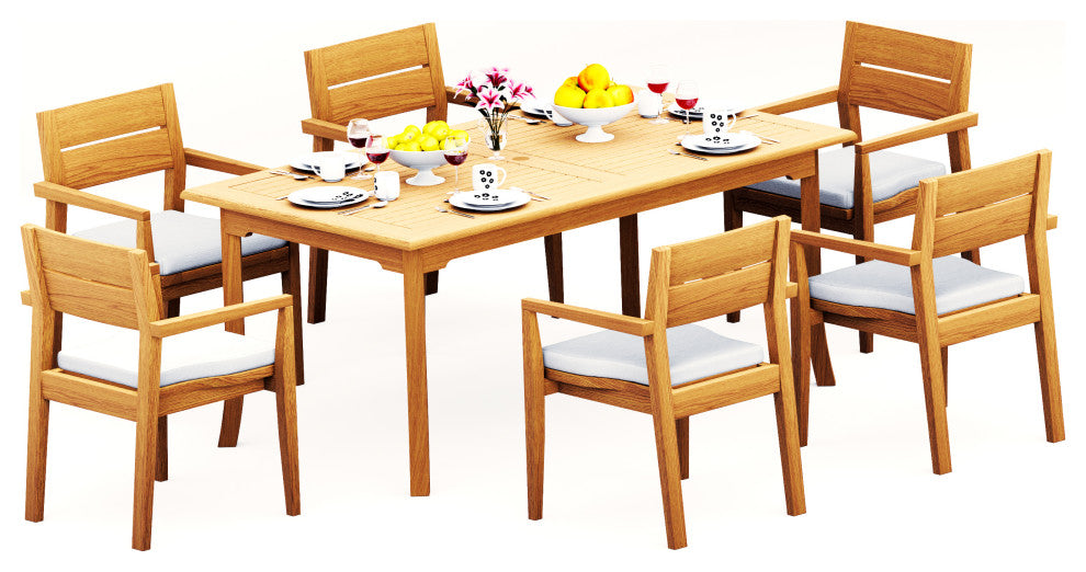 7-Piece Outdoor Teak Dining Set: 71" Rectangle Table, 6 Celo Stacking Arm Chairs