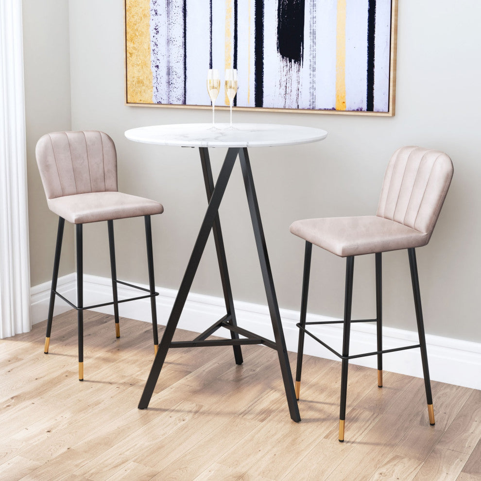 Bar Stool Chair, Set of 2, Faux Vinyl Leather, Steel, Gray, Black, Gold