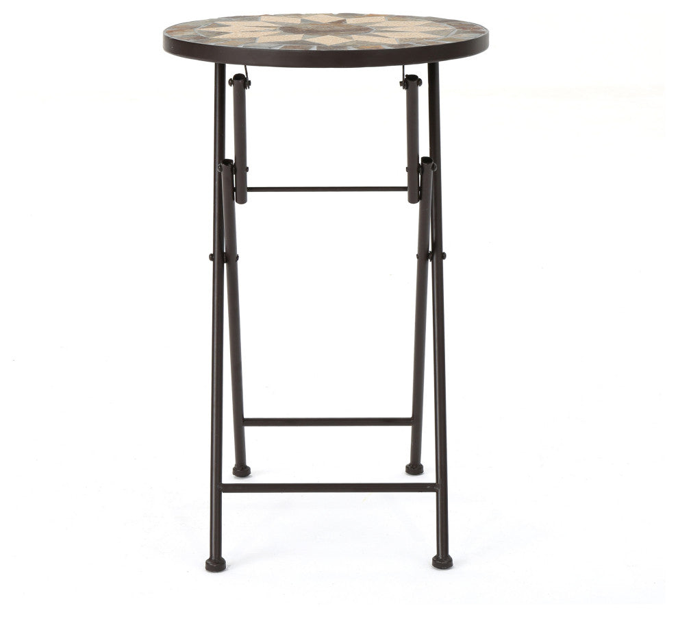 GDF Studio Sandor Outdoor Beige and Black Stone Side Table With Iron Frame