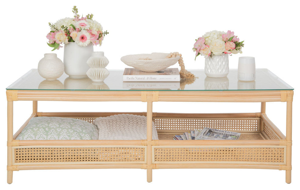 Rattan Cane Rectangular 2-Tier Shelf Coffee Table Glass Top