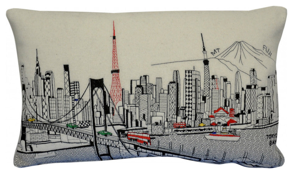 25" White Tokyo Daylight Skyline Lumbar Decorative Pillow