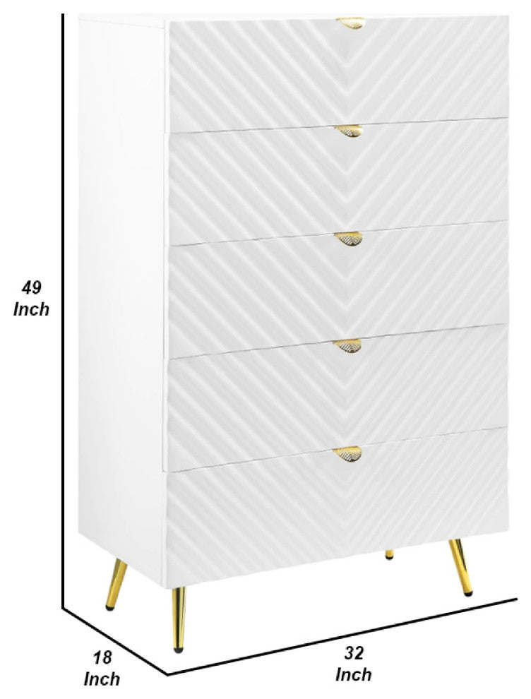 Benzara BM275525 Wood Tall Dresser Chest, Wavy Design, Gold Metal Legs, White