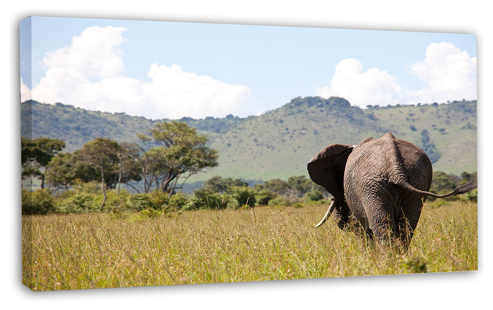 Retreating Elephant in Savannah, Extra Large African Canvas Art Print, 32"x16"