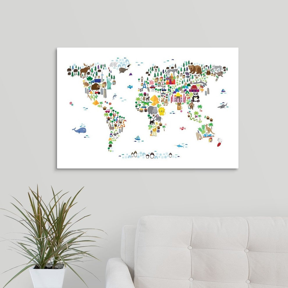 Animal Map of the World for children, White Wrapped Canvas Art Print, 30"x2