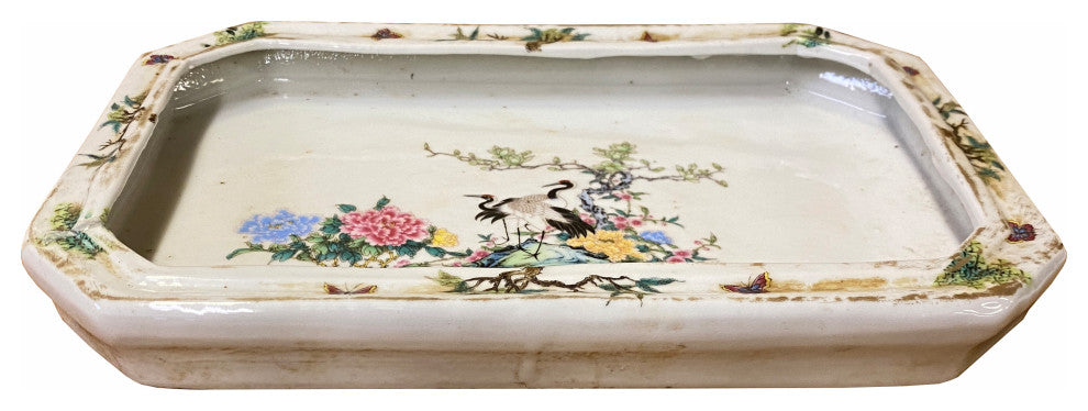 Chinese Off White Porcelain Flower Cranes Rectangular Display Plate Hws1820