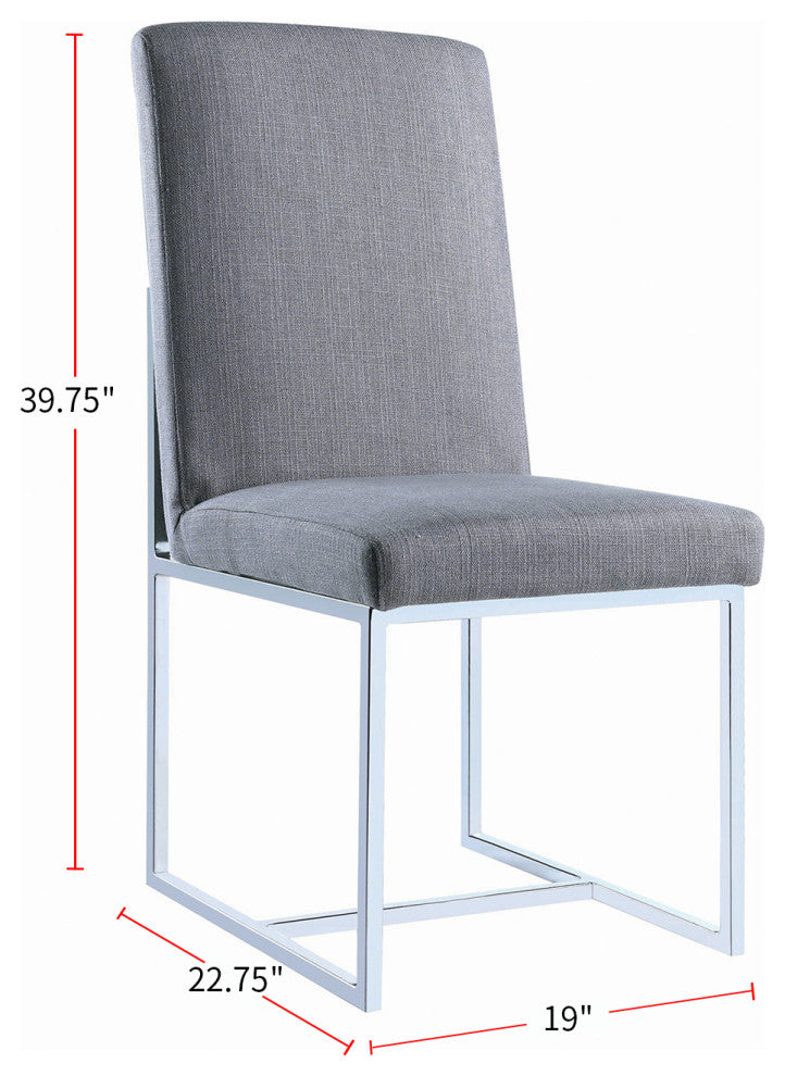 Set of 2 Metal and Fabric Dining Chairs, Gray and Polished Chrome