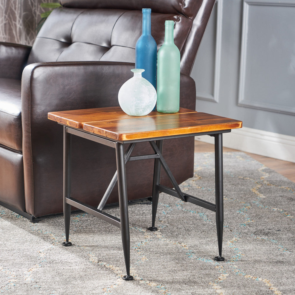 GDF Studio Ophelia Outdoor Industrial Acacia Wood Accent Table With Iron Accent