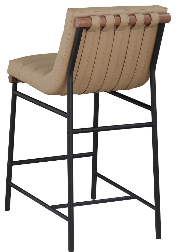Burke Counter Stool, Tan, Vegan Leather, Walnut Veneer Metal Dowel