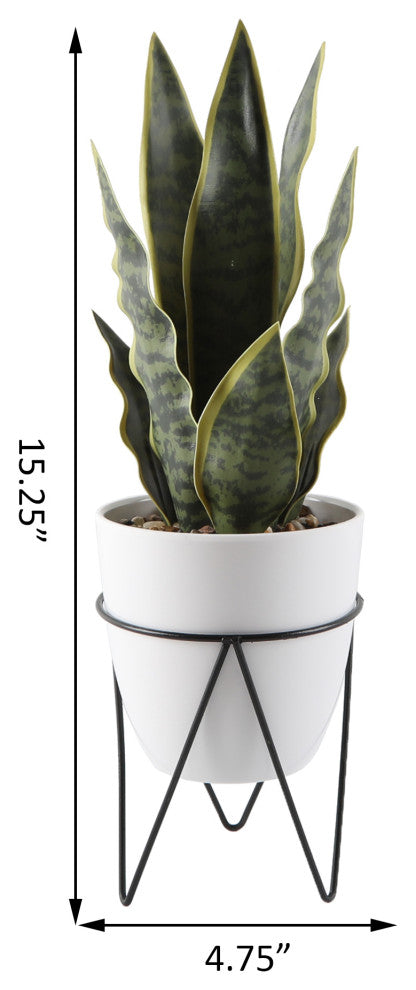 15.25" Snake In 4.75" Wh Pot In Bk Metal Stand