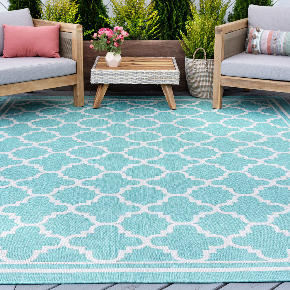 Shaila Transitional Geometric Aqua/Cream Indoor/Outdoor Area Rug, 8'x10'