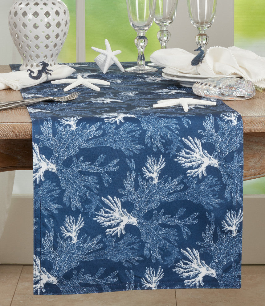 Table Runner With Sea Coral Design, Navy Blue, 16"x120"