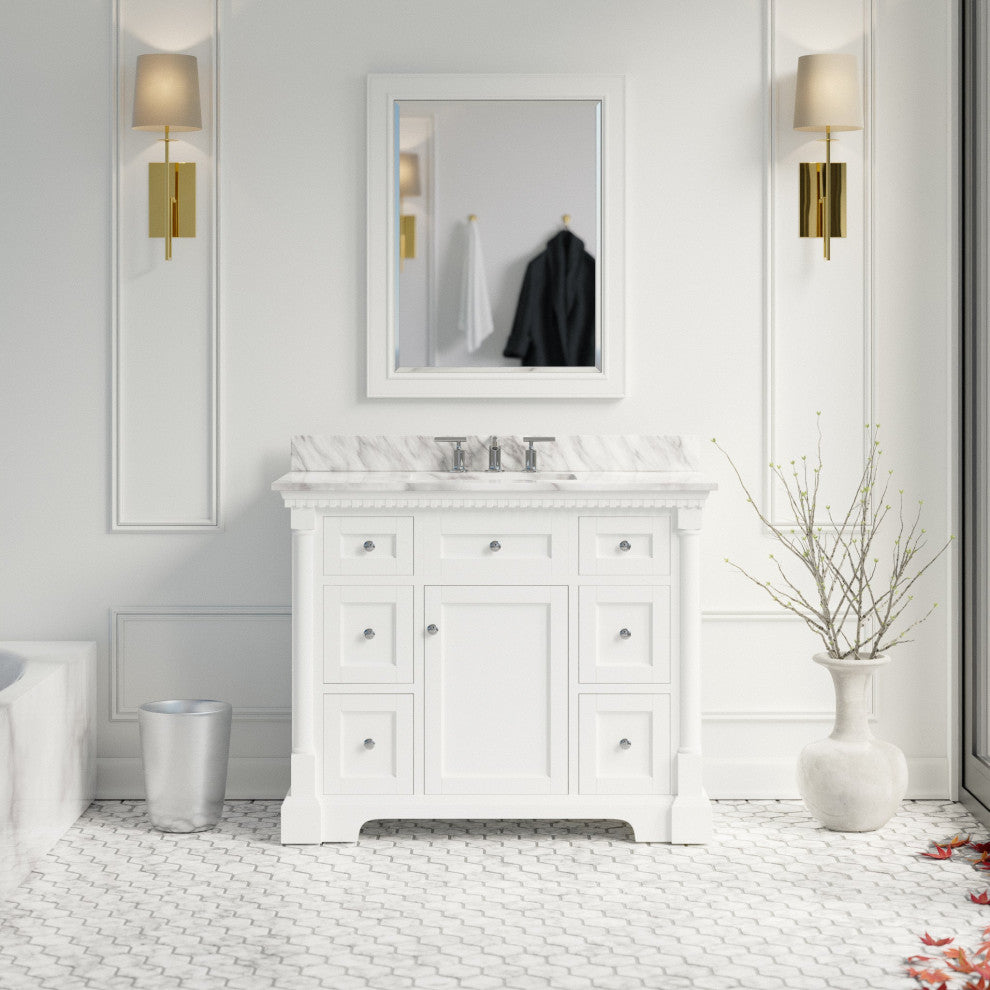 Sydney 42" Bathroom Vanity, White, Carrara Marble