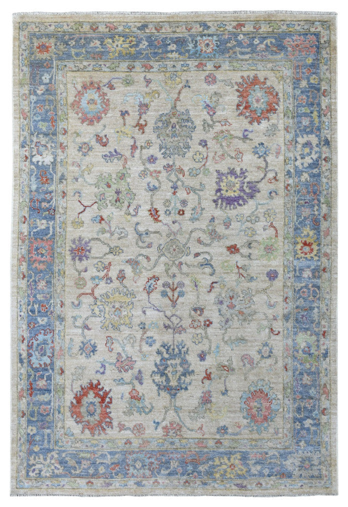 Taupe Angora Oushak In A Colorful Palette Pure Wool Hand Knotted Rug, 5'10"x9'0"