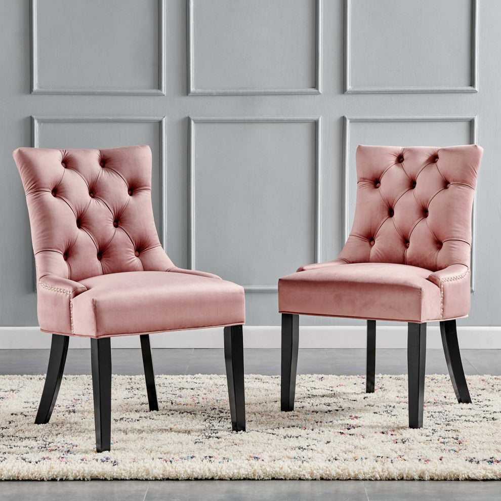 Tufted Side Dining Chair, Set of 2, Velvet, Wood, Pink, Cafe Bistro Restaurant
