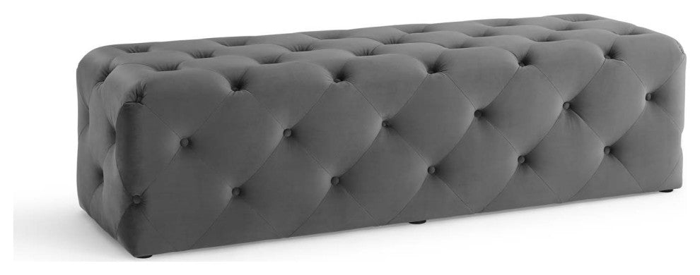 Tufted Accent Chair Bench, Velvet, Gray, Modern, Living Lounge Hospitality