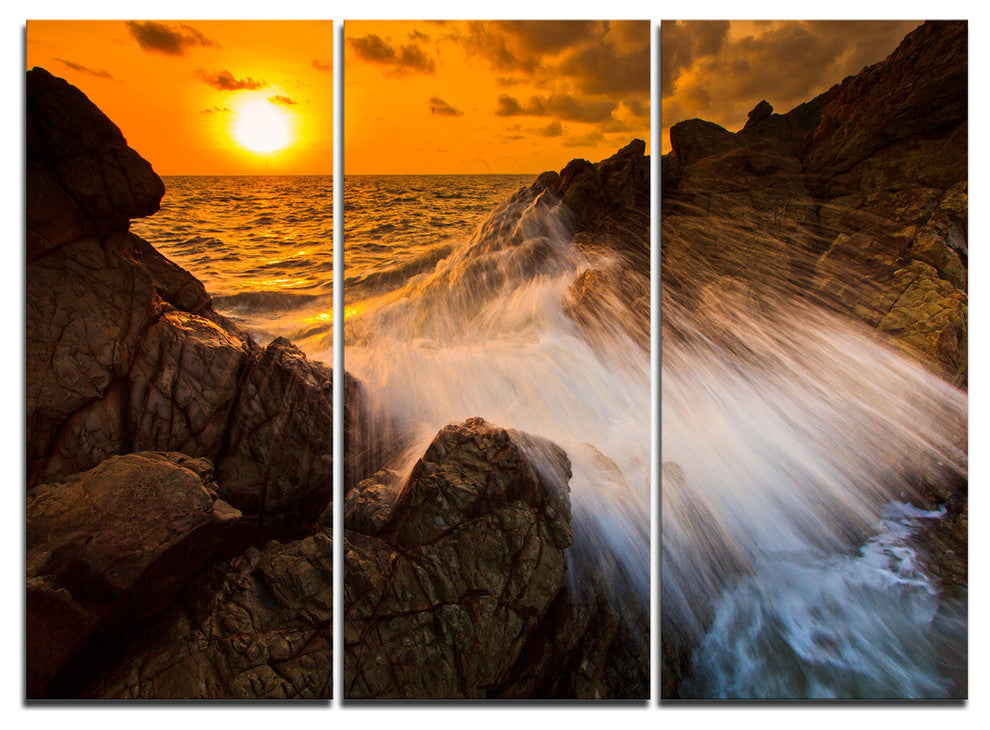 "Sunset Sea Wave Impact Rocks at Sunset" Metal Wall Art, 3 Panels, 36"x28"