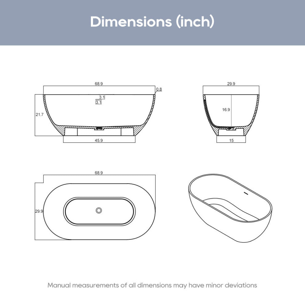 Stone Resin Matte Freestanding Soaking Bathtub, White, 69 in.