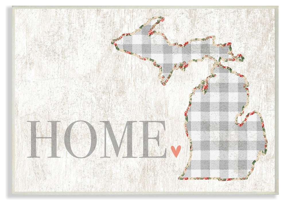 Michigan Gray Gingham & Floral Heart & Home Wall Plaque Art, 10"x15"