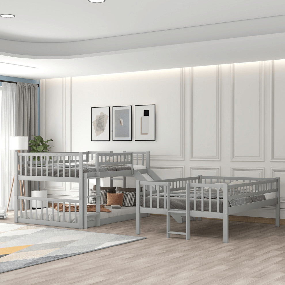 Gray Full Over Full Over Full Contemporary Bunk Bed With Slide