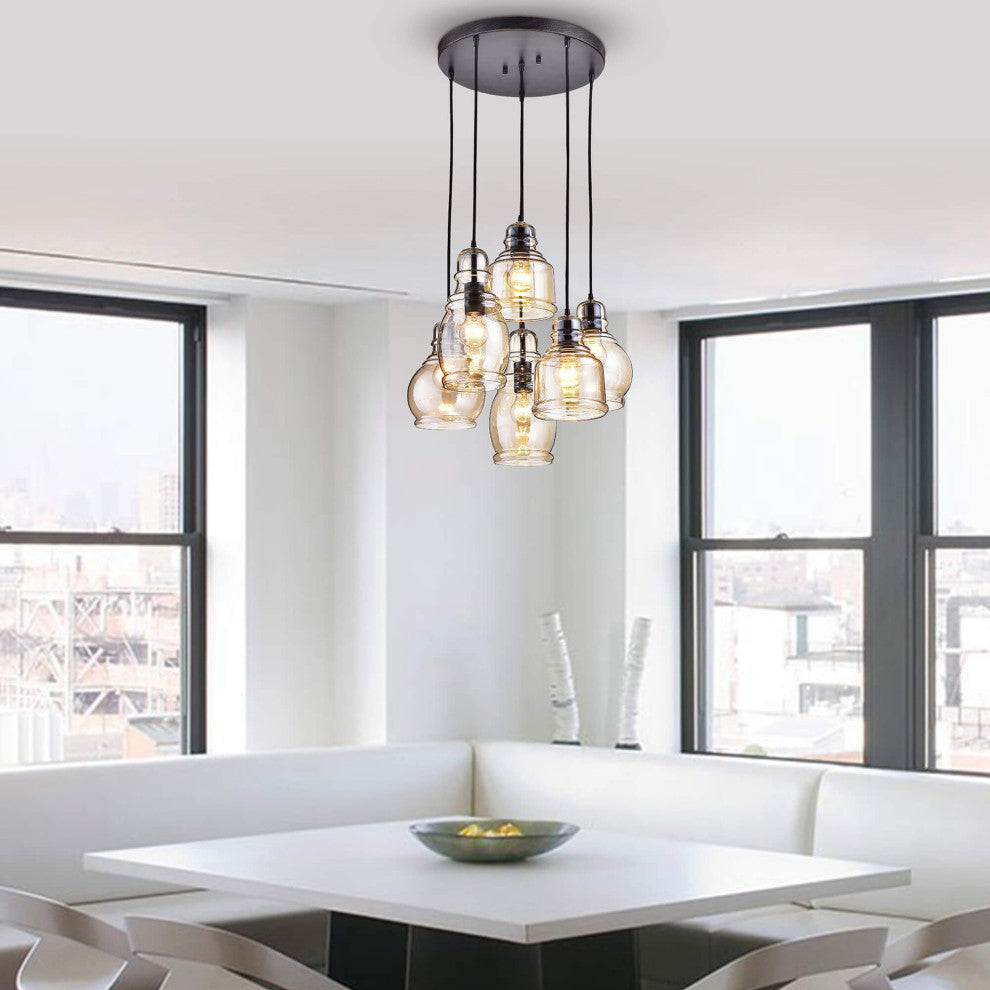 Sara 6-light Cognac Glass Pendant Round Base, Antique Black Finish