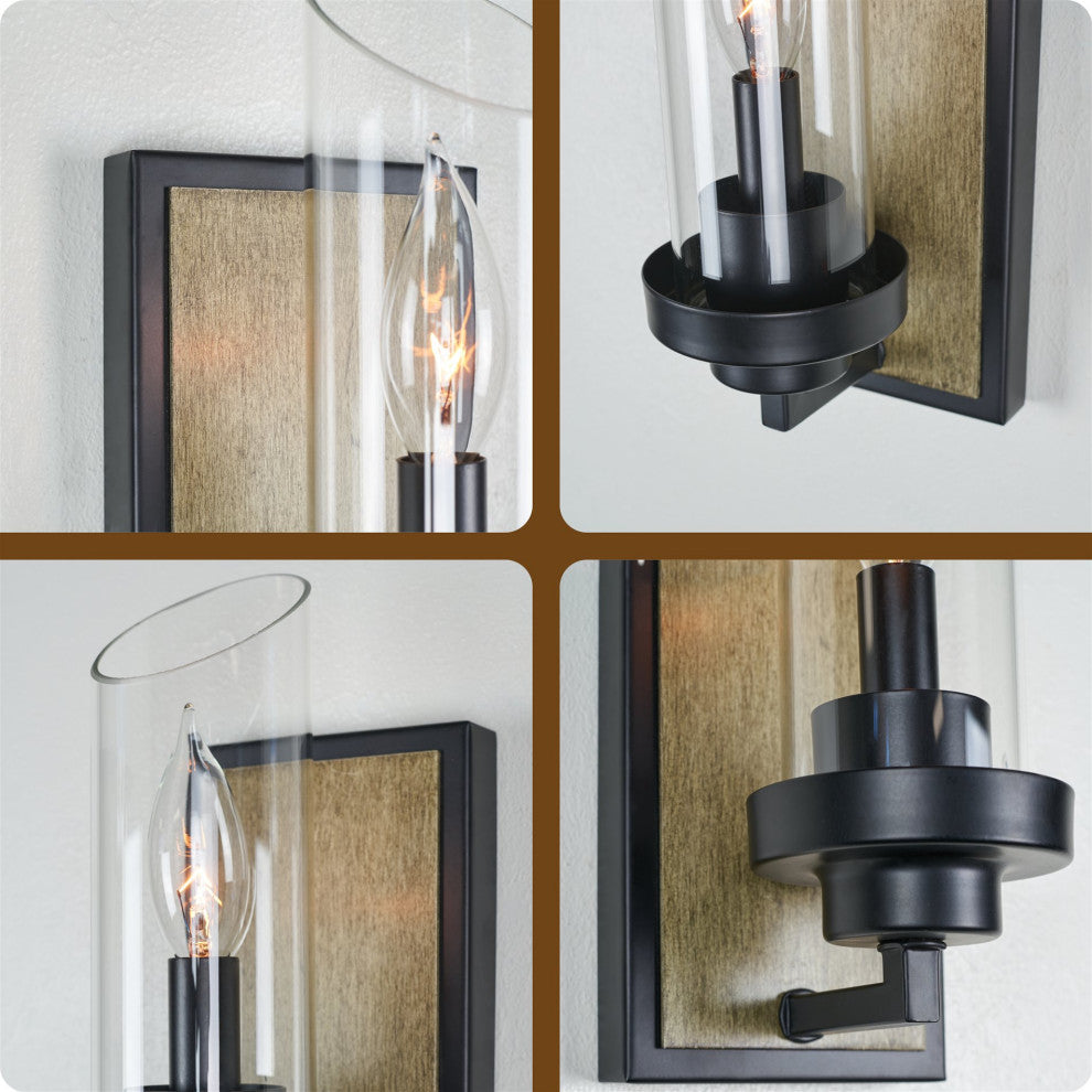 Kira Home Sierra 11" Wall Sconce + Glass Shade, Smoked Birch Wood Style + Black