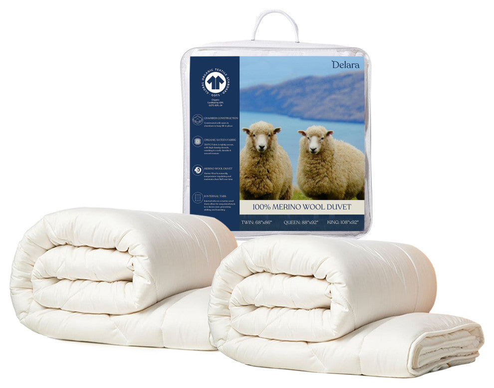 Delara 3IN1 Customizable Wool Duvet 100% Organic Cotton Shell, Twin, 68"x86"