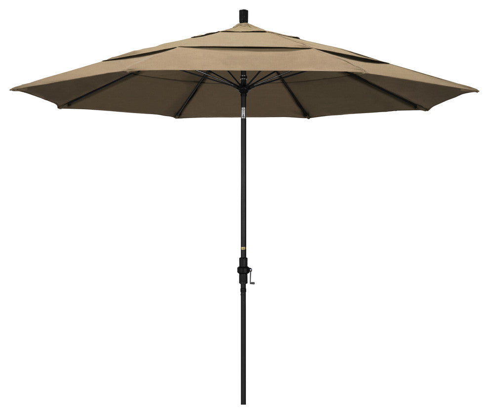 11' Matted Black Collar Tilt Lift Fiberglass Rib Aluminum Umbrella, Sunbrella, Heather Beige