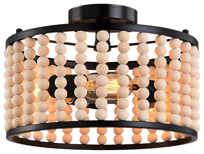 3 Light Wood Beads Ceiling Light Fixture, Farmhouse, Boho, Black
