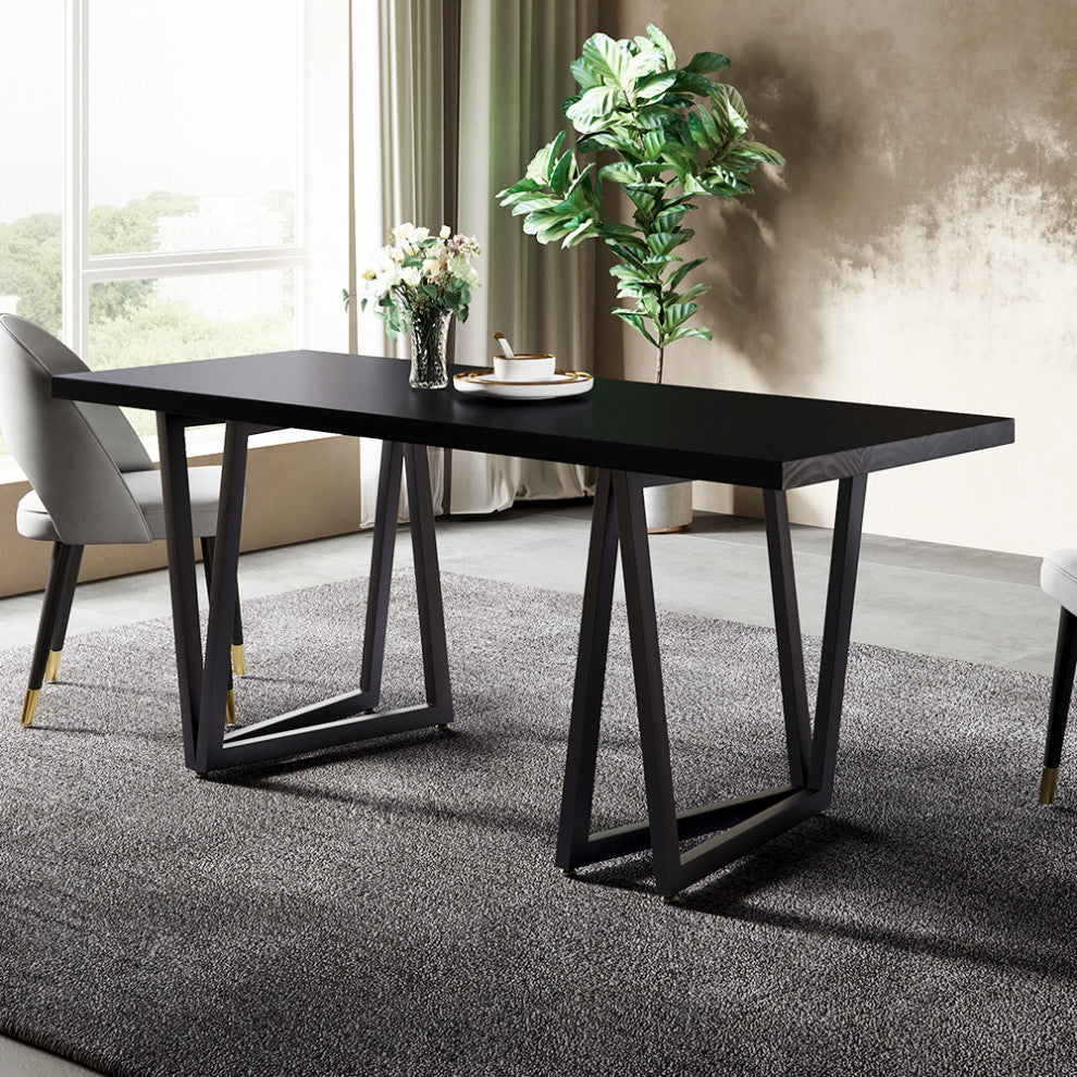 63" Rectangular Dining Table Black Solid Wood Table Top Square Metal Base, Black