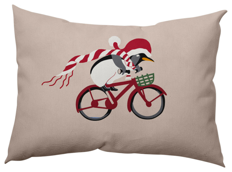 Pedaling Penguin Animal Decorative Throw Pillow, Taupe, 14"x20"