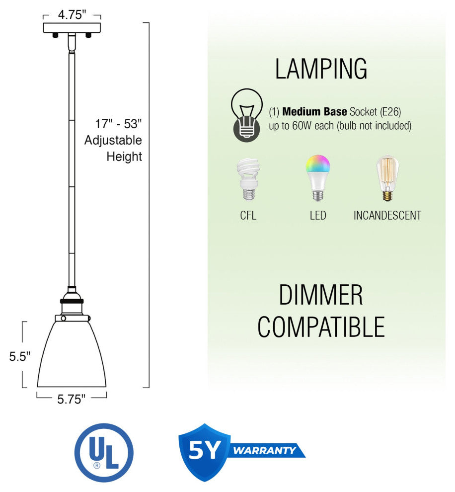 Kira Home Porter 8" Pendant Light, Glass Shade, Dimmable, Adjustable Height
